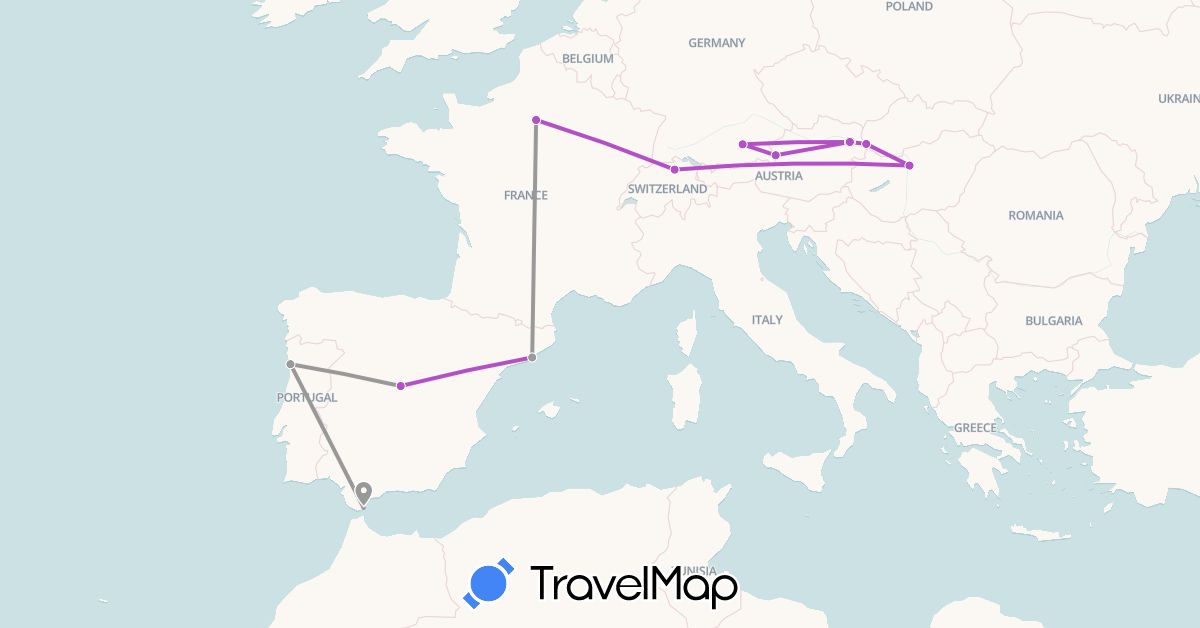 TravelMap itinerary: driving, plane, train in Austria, Switzerland, Germany, Spain, France, Gibraltar, Hungary, Portugal, Slovakia (Europe)